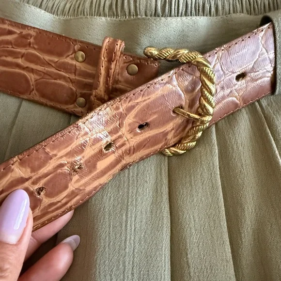 Vintage Belted Pleated Midi Skirt 16 Olive Green Pull On 90's Old Money Academia - Picture 4 of 10